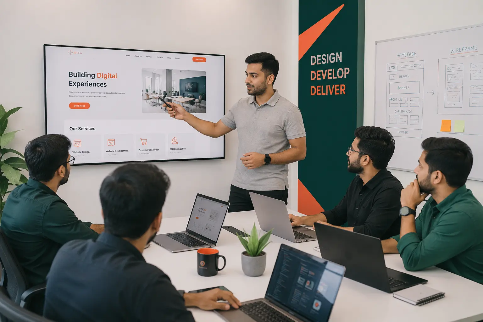 Our team reviewing a website design together